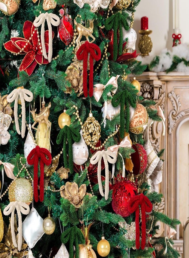 Glitinsel 24 Pcs Knitted Bows Christmas Tree Ornaments 7 Inch Boho Farmhouse Crochet Bows Neutral Rustic Hanging Ornaments for Xmas Tree Wreath Garland Decorations(Red, Beige, Green,Chunky) - Image 5